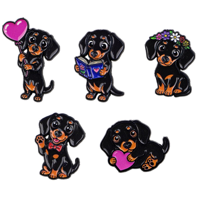 5pcs 귀여운 닥스훈트 에나멜 핀 세트 하트 꽃 책  - Lapel Pin Enamel 리뷰 및 가격