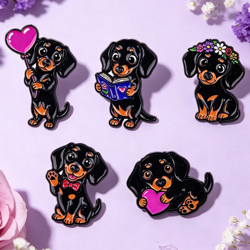 5pcs 귀여운 닥스훈트 에나멜 핀 세트 하트 꽃 책  - Lapel Pin Enamel 리뷰 및 가격
